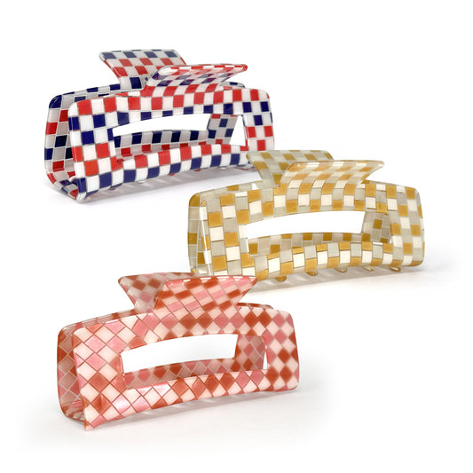 Square Check Hair Claw | Durable Rectangular Acrylic Claw with Classic Checked & Squared Diamond Designs | All Hair Types
